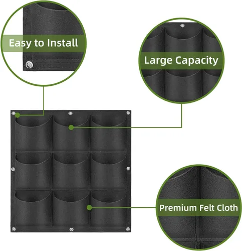 Vista 4 de Bolsas de cultivo colgantes para plantar, 9 bolsillos para colgar en la pared, bolsa de cultivo vertical para jardín interior y exterior, contenedor