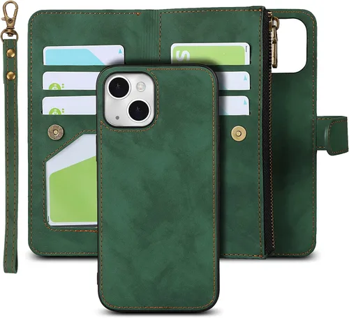 Vista 10 de iCoverCase Compatible con iPhone 13 - Funda tipo cartera para teléfono con tarjetero, piel sintética, bolsillo con cremallera, magnética