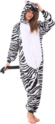 Vista 5 de WAFUNNE Pijamas de animales para adultos, disfraces de una pieza para hombres, mujeres, unisex, adolescentes, cebra