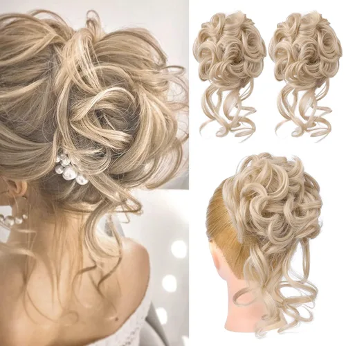 Vista 29 de HOOJIH 2 piezas de extensiones de cabello estilo moño despeinado, extensiones de cabello rizado y ondulado con tiras, cola de caballo, horquillas