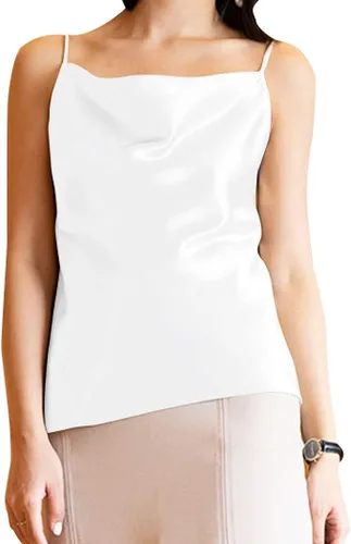 Vista 5 de Miqieer Camiseta básica de seda para mujer, con cuello en V, holgada, sin mangas, de satén, para mujer