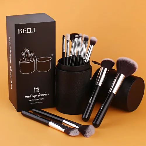 Vista 2 de BEILI Juego de 12 brochas de maquillaje con soporte para base Kabuki sintética de primera calidad, brocha para base de maquillaje, corrector