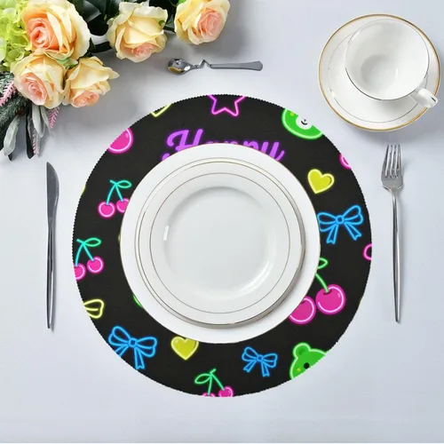 Vista 5 de Manteles individuales redondos de color negro a granel con oso de feliz cumpleaños para niños de 15 x 15 pulgadas individuales para mesa de comedor