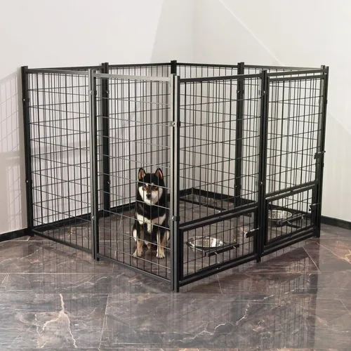 Vista 8 de Perrera para perros al aire libre de 4.5 x 4.5 x 4.9 pies con techo y soportes giratorios para tazones, recinto de metal grande para perros, casa