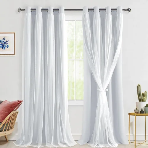 Vista 28 de Hiasan Cortinas opacas con superposición transparente, aislamiento térmico para mezclar y combinar de doble capa, cortinas de oscurecimiento de Beige