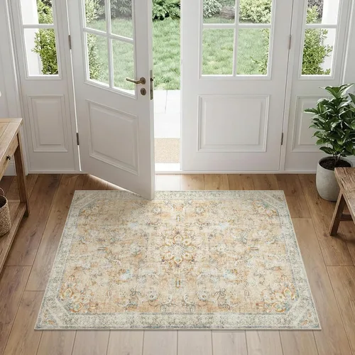 Vista 23 de jinchan Alfombra vintage de 2 x 3 pies para entrada, lavable, diseño floral romántico, tapete pequeño antideslizante, tapete ligero de bajo perfil