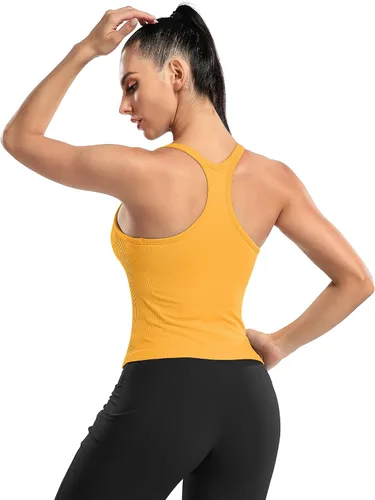 Vista 139 de ATTRACO Camiseta corta acanalada de entrenamiento para mujer con brasier integrado para yoga, espalda cruzada, ajuste ajustado