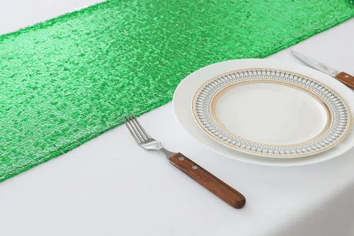 Vista 6 de Paquete de 10 caminos de mesa de lentejuelas verdes de 12 x 72 pulgadas para fiestas, bodas, aniversarios, cumpleaños, banquetes, compromisos