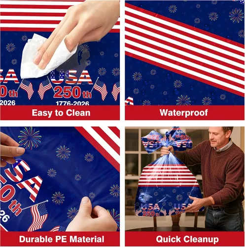 Vista 4 de Kelool Decoraciones del 250 aniversario de Estados Unidos, paquete de 3 manteles patrióticos de 54 x 108 pulgadas, mantel rectangular desechable