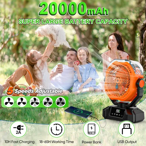 Vista 3 de Ventilador de niebla portátil, ventilador de camping recargable de 20000 mAh con tanque de agua de 12.2 fl oz y linterna LED, 5 velocidades