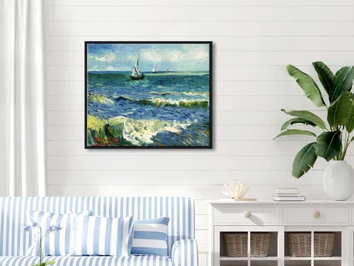 Vista 2 de Wieco Art Arte enmarcado negro paisaje marino en Saintes Maries por Vincent Van Gogh pinturas al óleo Reproducción modernas impresiones en lienzo