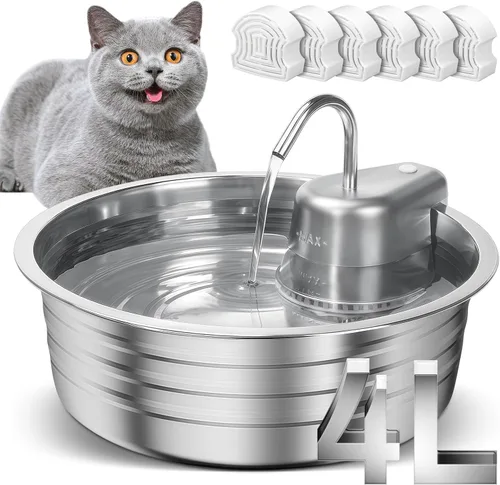 Vista 8 de Fuente de agua para gatos, fuente de acero inoxidable para mascotas de 4 L/135 onzas con 3 filtros, dispensador de agua para perros, fuente de agua