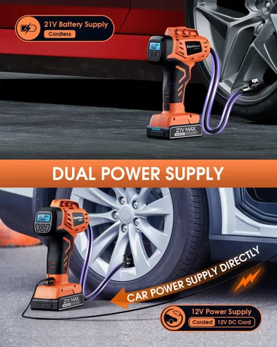Vista 3 de KeenPower Compresor de aire para inflador de neumáticos, bomba de neumáticos de coche inalámbrica de 21 V con batería recargable de iones de litio