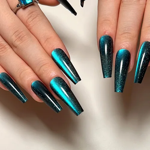 Vista 17 de Uñas postizas a presión largas, con brillo azul y diseño, acabado acrílico brillante, de cobertura completa, uñas postizas reutilizables para l002