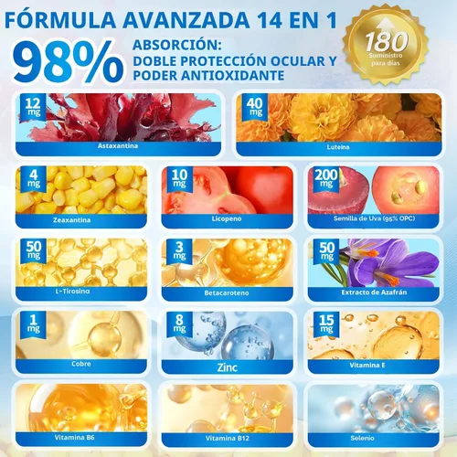 Vista 3 de Astaxantina 14 en 1 12 mg y luteína 40 mg con suplementos de zeaxantina, suministro para 6 meses, fuente de microalgas frescas, apoya los ojos