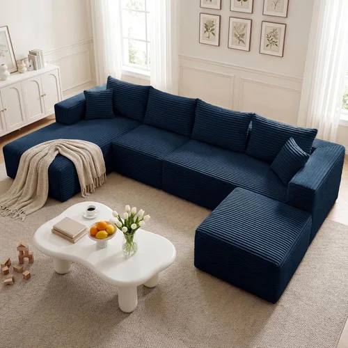Vista 39 de Sofá modular en forma de L de 118 pulgadas, moderno sofá modular de pana de espuma viscoelástica de 4 plazas con otomana, asiento profundo tapizado