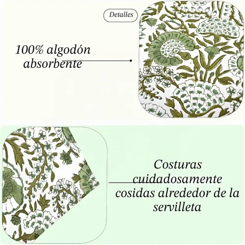 Vista 2 de Servilletas de tela CPC 100% algodón Juego de 4 servilletas reutilizables, servilleta de cena floral de bloque de impresión india, servilleta