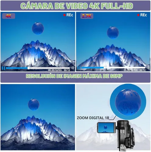 Vista 2 de Videocámara de video 4K UHD mejorada con micrófono, zoom digital de 18X, cámara de vlogging de enfoque automático para YouTube Antishake grabadora
