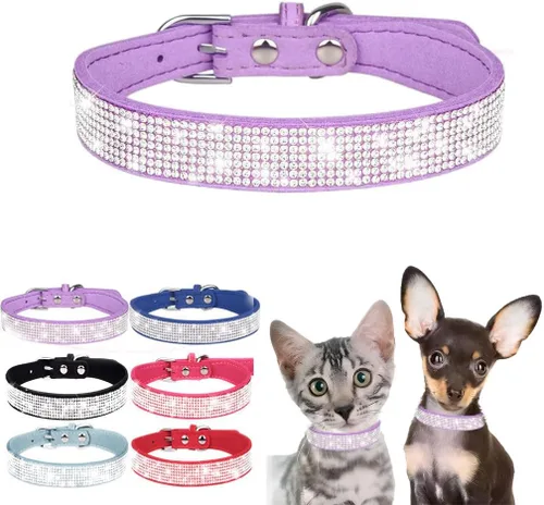 Vista 11 de Collar de perro con diamantes de imitación y lazo ajustable para mascotas, talla XXS, XS, tamaño pequeño, mediano y grande, color rosa, talla XX S