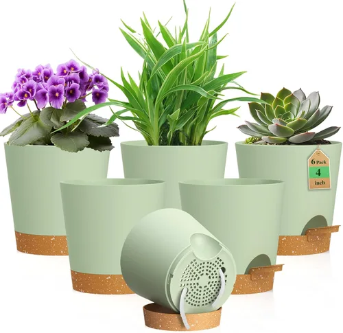 Vista 12 de WSMKSZ Macetas de riego automático de 4 pulgadas para plantas de interior y exterior, paquete de 6 macetas de plástico con agujeros de drenaje