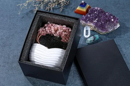 Vista 5 de Jovivi Juego de 2 piezas de adorno de bonsái de árbol de dinero de cristal de cuarzo rosa y árbol de dinero, pulsera elástica de árbol de la vida