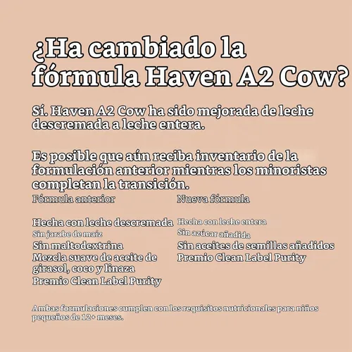 Vista 3 de Haven Fórmula A2 Cow para niños pequeños, leche entera, 12+ meses, 14.1