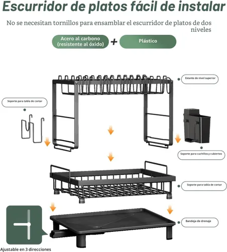 Vista 6 de Escurridor de platos, escurridor de 2 niveles que ahorra espacio, escurridor de platos multifuncional para encimera de cocina con bandeja