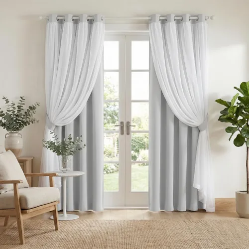 Vista 12 de PONY DANCE Cortinas Opacas con Superposición de Gasa, Cortinas de Doble Capa con Aislamiento Térmico Mix & Match para Oscurecer Habitaciones