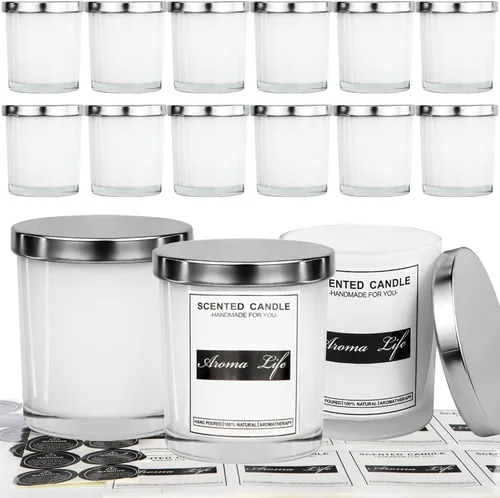 Vista 9 de Creahaus Paquete de 16 tarros de vela gruesos de 10 onzas con tapas de bambú para hacer velas, recipientes de vidrio vacío transparente a granel