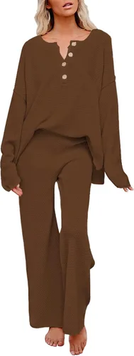 Vista 14 de Viottiset Conjunto de 2 piezas para mujer, sudadera de punto de manga larga, pantalones de pierna ancha, ropa de descanso Beige