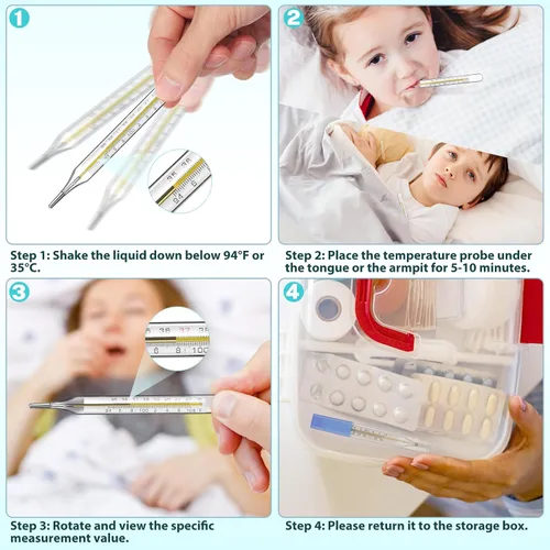 Vista 3 de MAGICLULU 3 unidades de temperatura oral de vidrio para adultos y niños, indicador preciso de fiebre de las axilas de doble escala ℃ y ℉ con funda