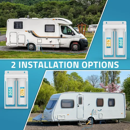 Vista 7 de PAULINN Sistema de Filtros de Agua Dobles Externos para RV, Filtro de Agua para Caravana Libre de Plomo y BPA con Accesorios de Latón y Soporte