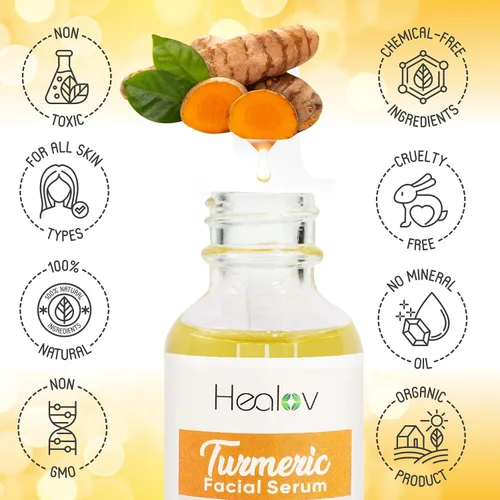 Vista 3 de Suero de cúrcuma para rostro y cuerpo – Suero iluminador de piel natural para manchas – Reparación facial de cúrcuma limpia la piel, combate el acné