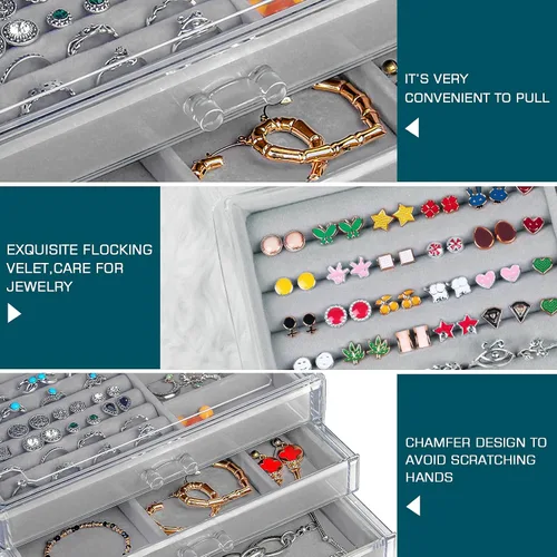 Vista 6 de UYBeauty Joyero acrílico con 5 cajones, organizador de joyas de terciopelo, estuche de almacenamiento de joyas para collar de aretes, organizador