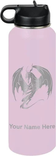 Vista 73 de LaserGram Botella de agua con tapa abatible de doble pared de 12 onzas con pajilla, dragón, grabado personalizado incluido (negro)