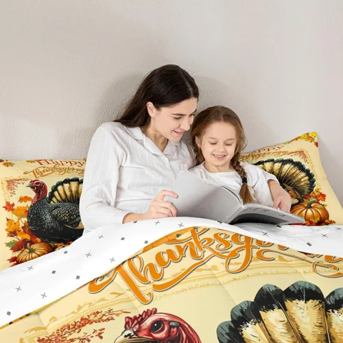 Vista 5 de Erosebridal Juego de edredón individual de pavo de Acción de Gracias, juego de ropa de cama de calabaza con hojas de otoño para niños y adultos