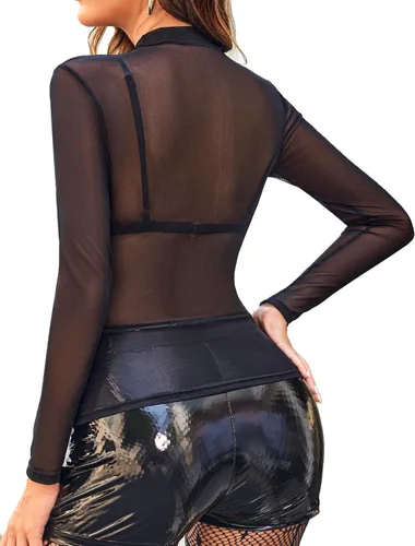 Vista 5 de Avidlove Top corto de malla para mujer, manga larga, cuello alto falso, S-XXL