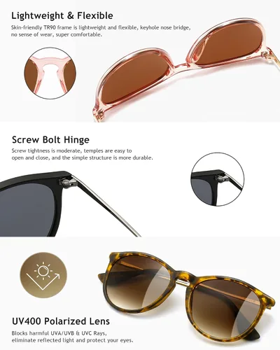 Vista 4 de SUNGAIT Gafas de sol redondas vintage para mujeres y hombres, estilo clásico retro