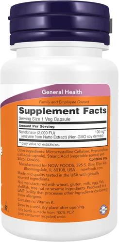 Vista 2 de NOW Suplementos, Nattoquinasa 100 mg con 2,000 UFs de actividad, 60 cápsulas vegetales