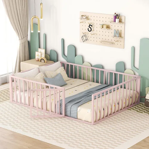 Vista 15 de Cama juguetona en forma de casa de tamaño matrimonial con estantes y luces, marco de cama de metal con techo para niños, adolescentes y adultos, un