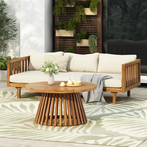 Vista 10 de Merax - Mesa de café redonda de madera de acacia para patio al aire libre, para jardín, balcón, acabado gris