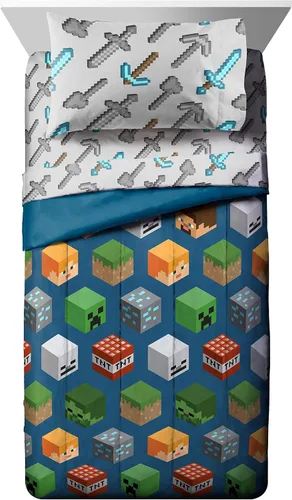 Vista 2 de Jay Franco Minecraft - Juego de cama isométrica individual, cortinas y cesta de enredadera