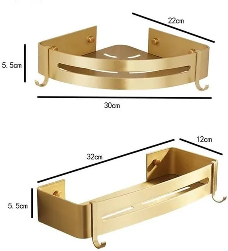 Vista 4 de Estante esquinero de baño, estante de baño montado en la pared, estante de ducha de baño de aluminio dorado cepillado, soporte para champú de baño