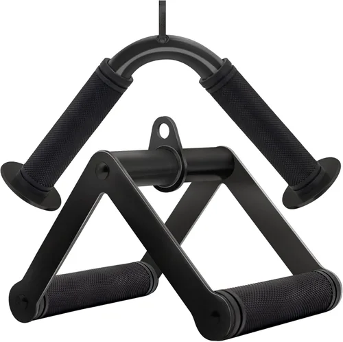 Vista 9 de Accesorio de cable de doble mango en D para entrenamiento con pesas, de acero con empuñadura de goma antideslizante (negro)