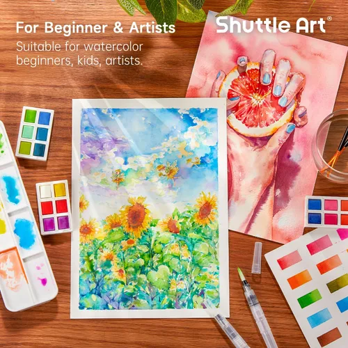 Vista 6 de Shuttle Art - Juego de pintura de acuarela de 48 colores en medias bandejas con 2 bolígrafos de pincel de agua, 10 pinceles de pintura, 1