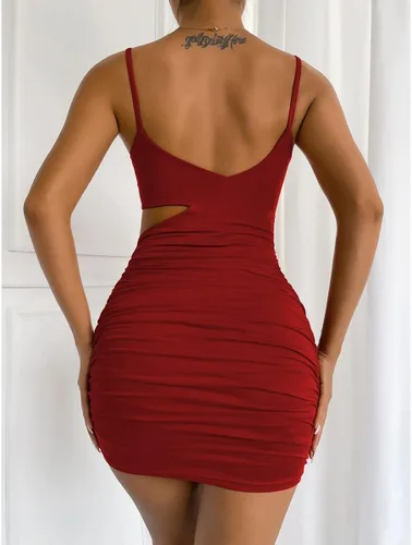 Vista 5 de C.AMOUR Vestido de fiesta para mujer, sexy, sin mangas, con tirantes delgados, fruncido, entallado