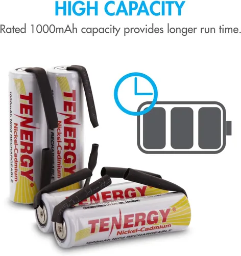 Vista 2 de Tenergy Batería recargable AA NiCD de 1.2 V, baterías de alta capacidad de 1000 mAh con pestañas para afeitadoras, recortadoras, maquinillas