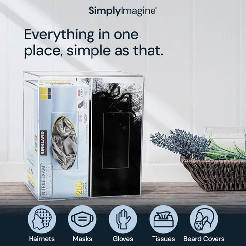 Vista 2 de SimplyImagine Estación dispensadora de doble higiene – Acrílico transparente – Dispensador de guantes con tapa libre de polvo – Soporte para guantes