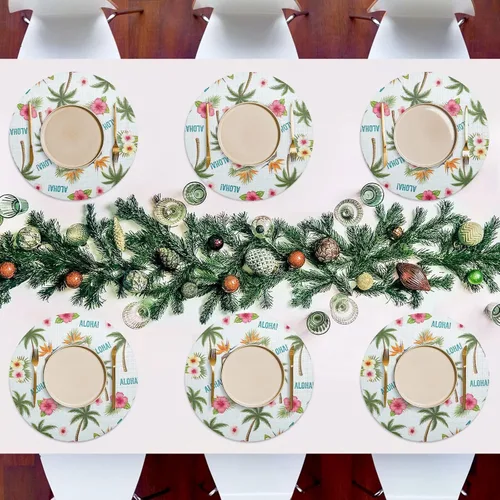 Vista 7 de Tropical Palm Hibiscus White Round Table Placemats, Heat Resistant Non Slip Washable Table Mats Set for Kitchen one sizex6