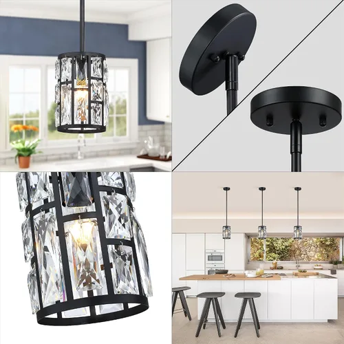 Vista 6 de MEXO Lámpara colgante de cristal moderna de 2 piezas con acabado mate negro, iluminación colgante, candelabro de cristal para sala de estar, cocina